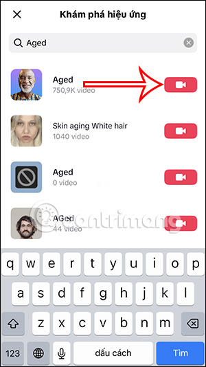 Tìm kiếm filter già đi trên TikTok