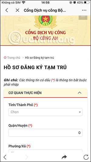 Điền thông tin người đăng ký tạm trú
