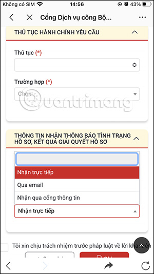 Chọn nơi nhận kết quả tạm trú online