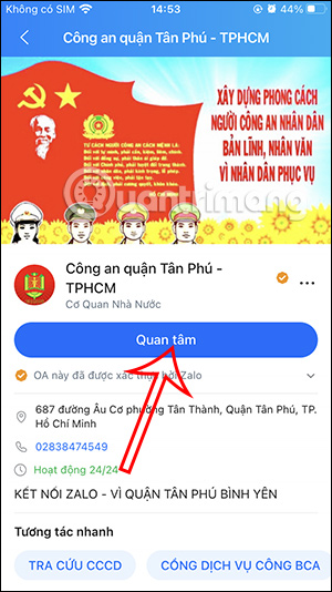 Quan tâm tài khoản Zalo OA