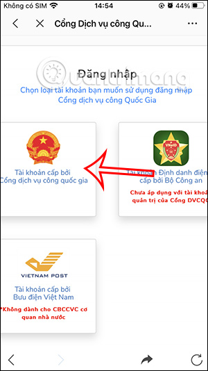 Chọn tài khoản Cổng dịch vụ Công quốc gia