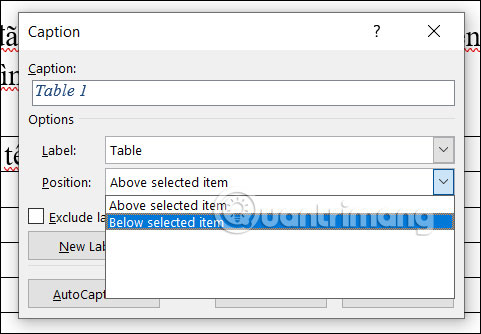 Chỉnh hiển thị caption cho bảng Word