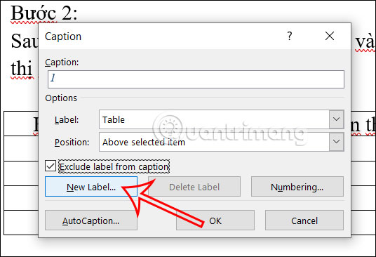 Tạo nhãn mới caption Word