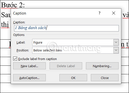 Điền caption bảng Word