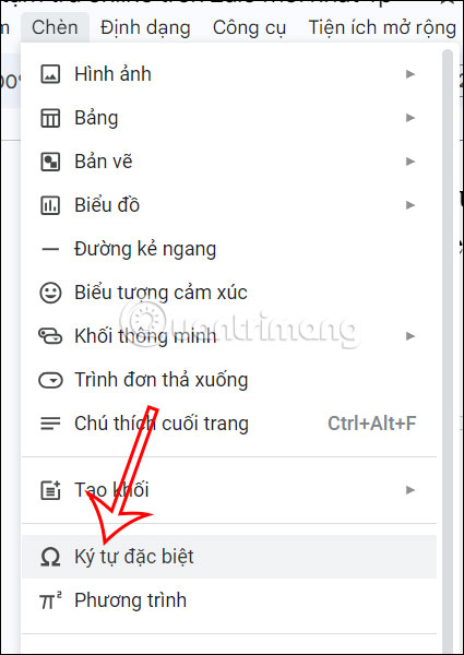 Chèn ký tự đặc biệt Google Docs