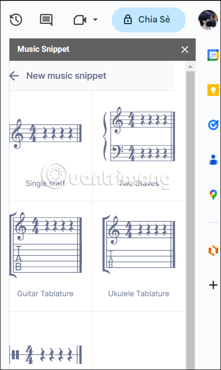 Chọn loại khuông nhạc Music Snippet Google Docs