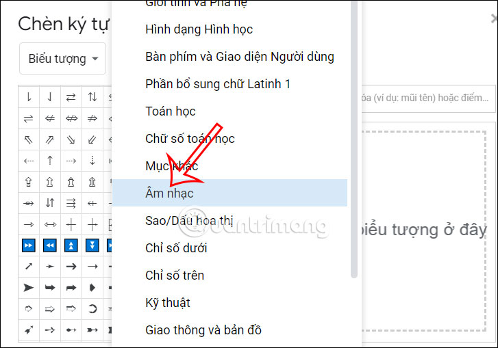 Chọn ký tự âm nhạc Google Docs
