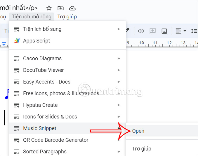 Mở tiện ích Music Snippet Google Docs