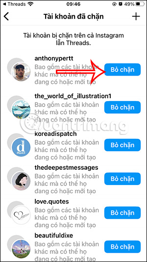 Danh sách Threads mới chặn