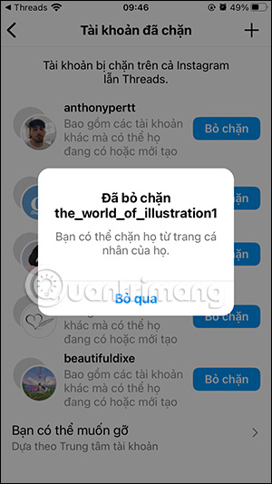 Bỏ chặn tài khản Threads