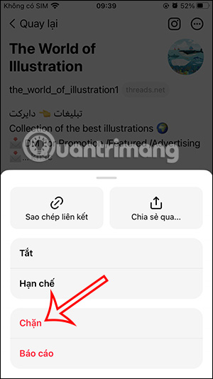 Tùy chọn chặn tài khoản Threads