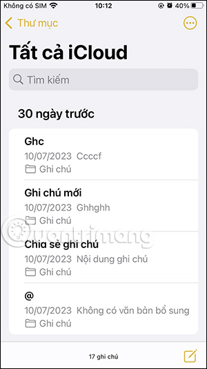 Giao diện ghi chú iPhone
