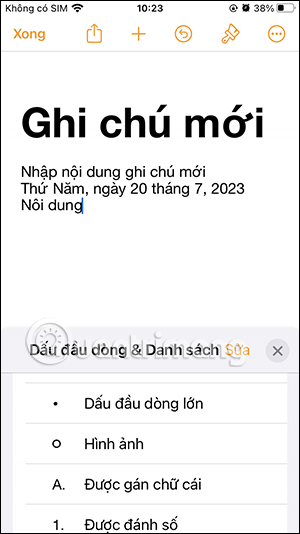 Chỉnh dạng danh sách trong ghi chú
