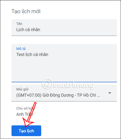 Thông tin lịch Google Calendar