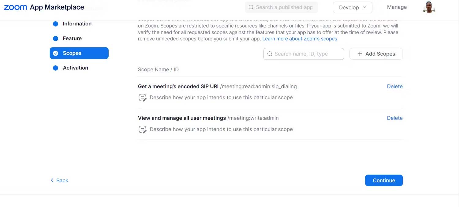 Điền phạm vi trong app Zoom