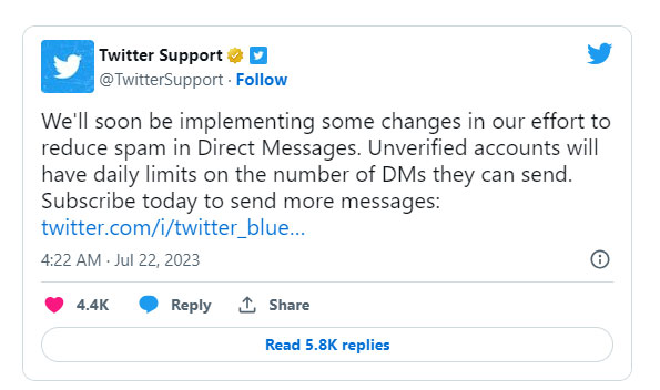 Twitter sắp giới hạn số lượng tin nhắn có thể gửi từ các tài khoản chưa được xác minh