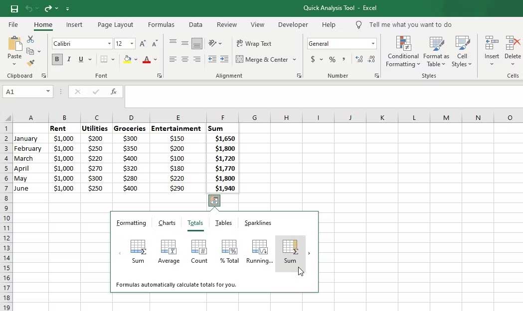 Kết quả tính tổng dữ liệu trong Excel