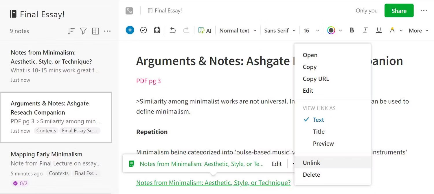 Lưu ý liên kết trong Evernote
