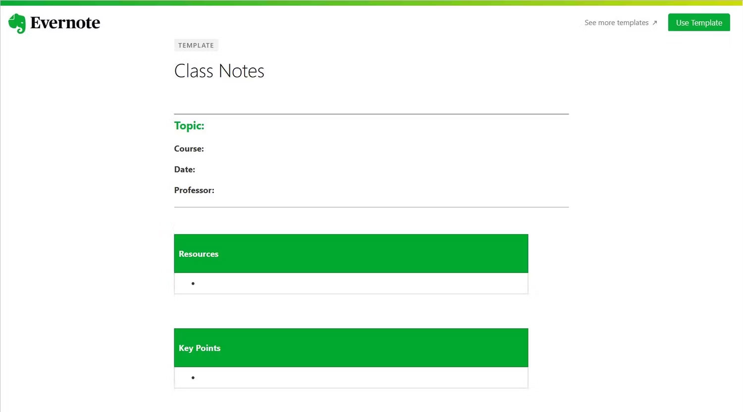 Template Class Notes trong Evernote