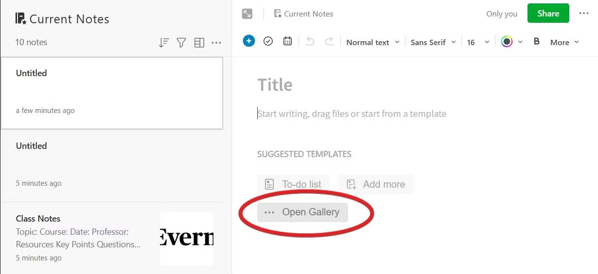 Truy cập thư viện template Evernote
