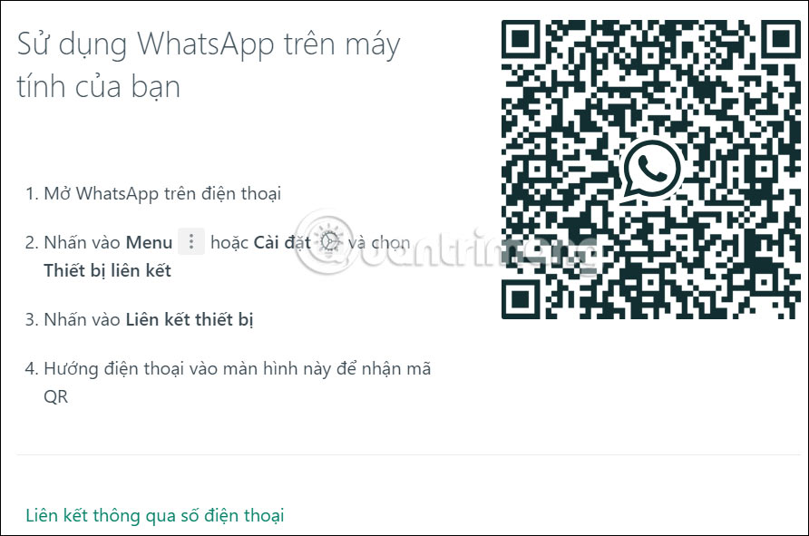 Giao diện tùy chọn đăng nhập WhatsApp web
