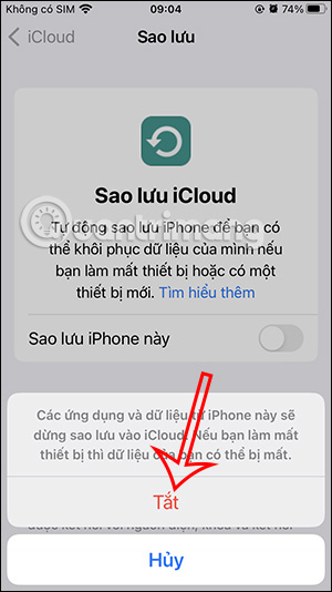 Đồng ý tắt sao lưu iCloud tự động