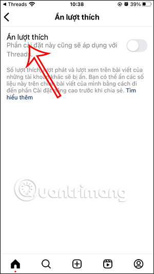 Ẩn lượt thích trên Threads toàn bộ bài đăng