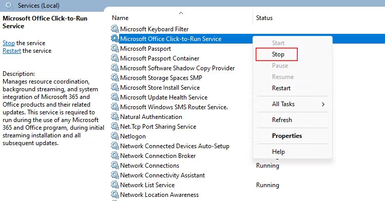 Dừng Microsoft Office Click-to-Run Service