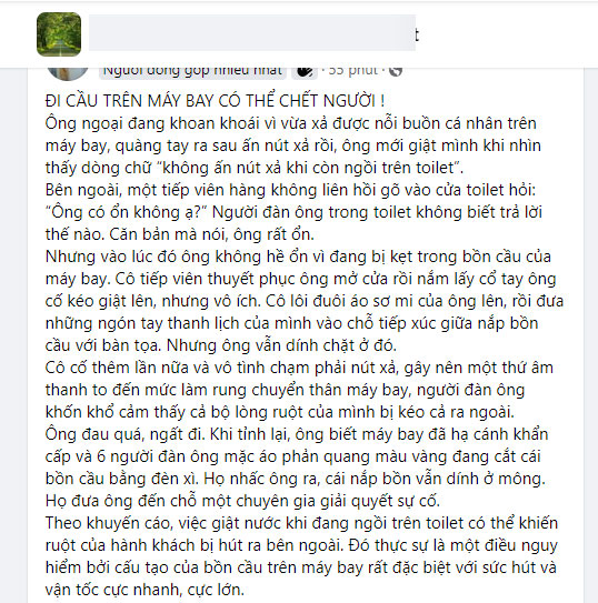Bài viết về tai nạn bồn cầu trên máy bay thu hút nhiều sự quan tâm của người dùng