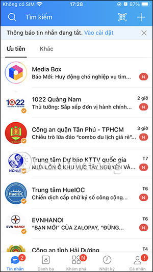 Giao diện tài khoản Zalo