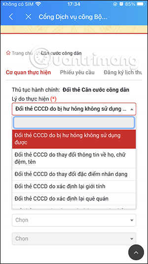Chọn lý do đổi thẻ CCCD