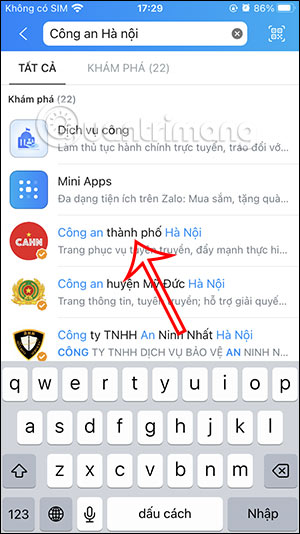 Tìm tài khoản OA Cơ quan Công an