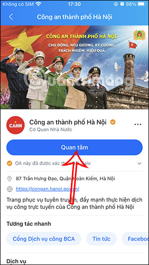 Nhấn nút Quan tâm