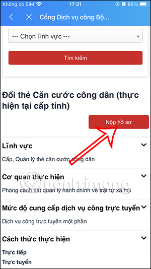 Nộp hồ sơ đổi thẻ CCCD trên Zalo