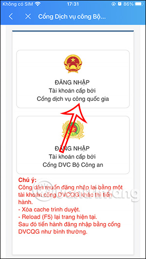 Chọn tài khoản Dịch vụ Công Quốc gia