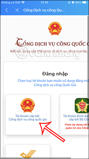 Đăng nhập tài khoản Dịch vụ công Quốc gia