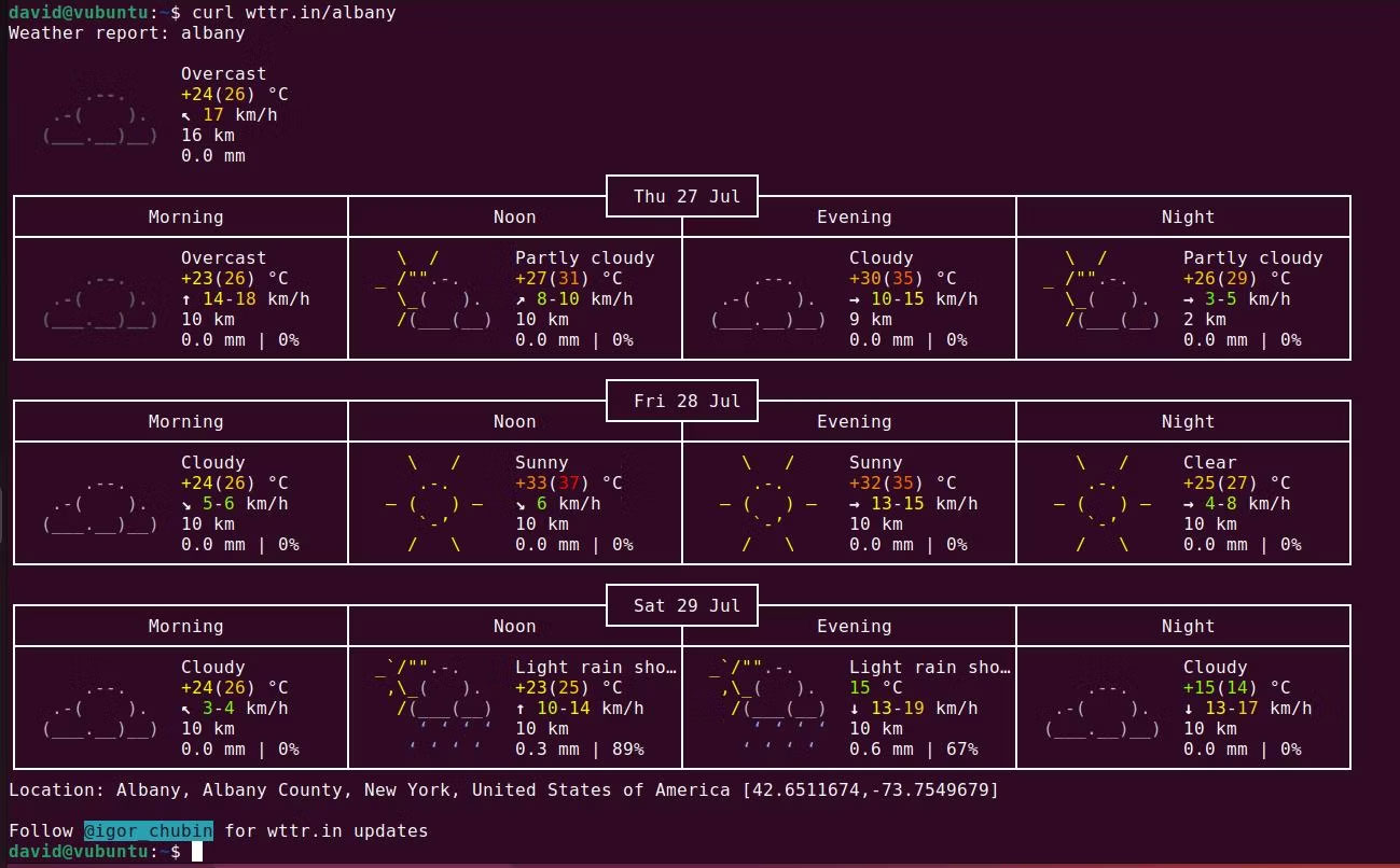 Kiểm tra thời tiết với curl trên Linux