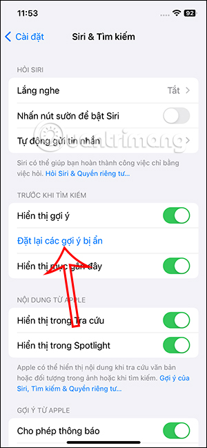 Đặt lại gợi ý bị ẩn Siri iPhone 