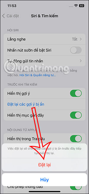 Reset gọi ý bị ẩn Siri iPhone 
