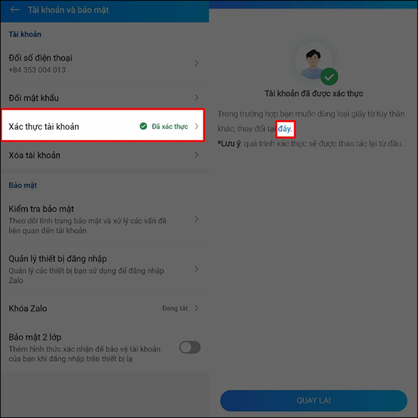 Thay đổi thông tin xác thực tài khoản Zalo