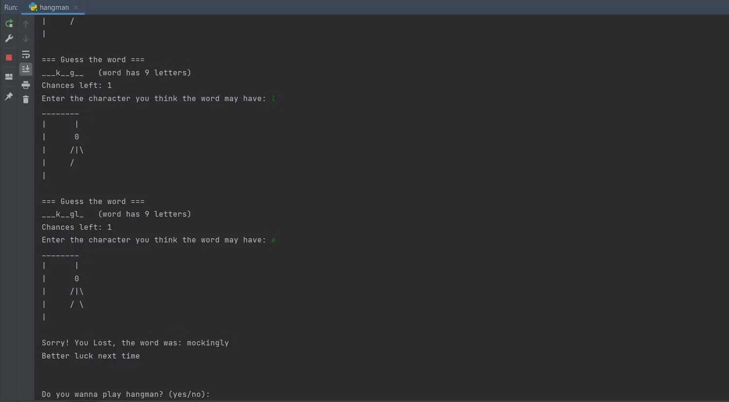 Kết quả khi thua game Hangman