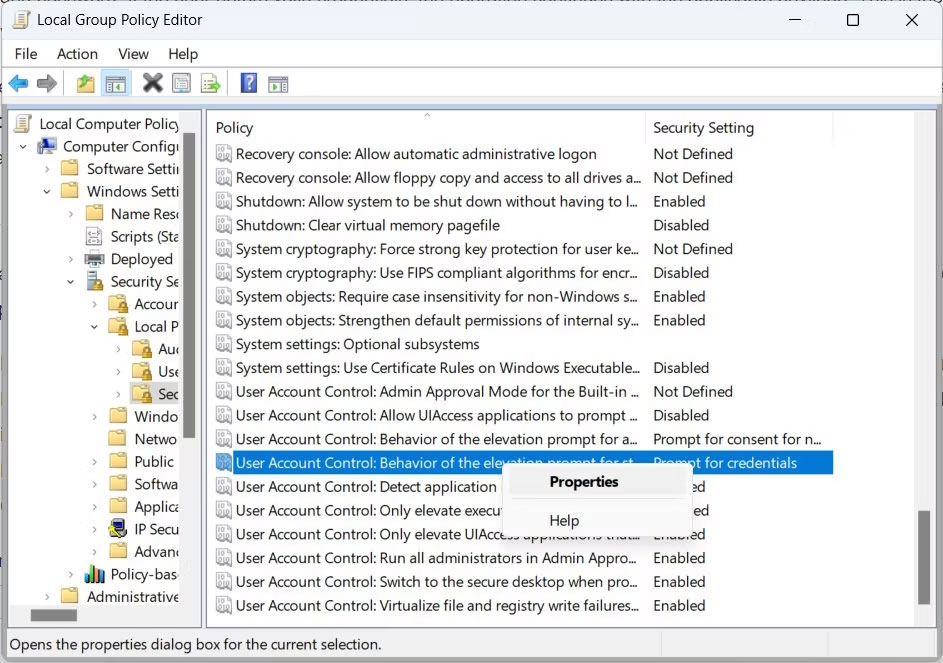 Sửa đổi policy cho hành vi UAC trong Local Group Policy Editor