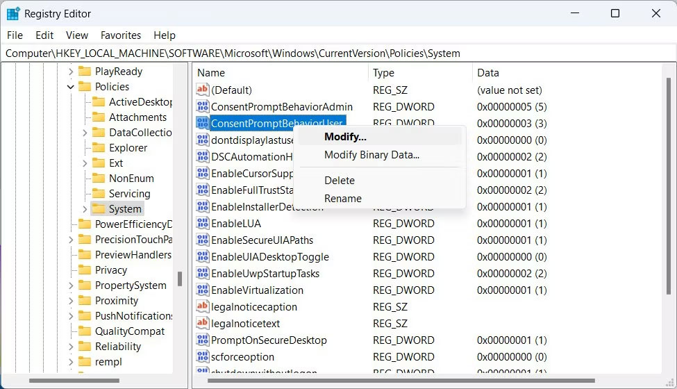 Sửa đổi giá trị ConsentPromptBehaviorUser trong Registry Editor