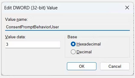 Thiết lập dữ liệu giá trị cho ConsentPromptbehavior Registry Editor