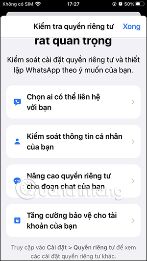 Các thiết lập quyền riêng tư WhatsApp