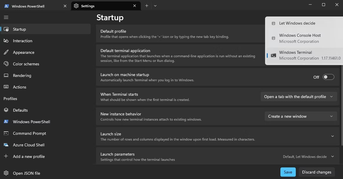 Tùy chọn Startup trong cửa sổ Terminal