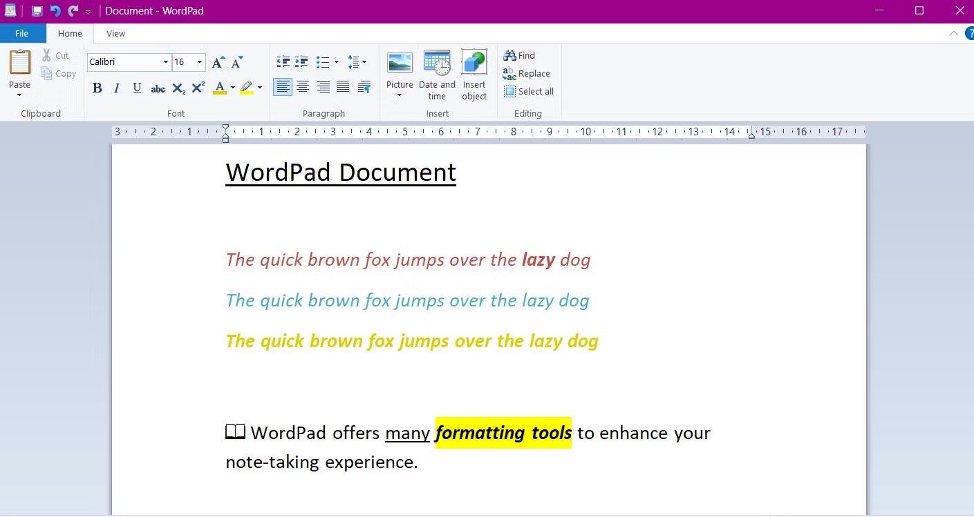 Tài liệu trống WordPad thể hiện các tính năng định dạng