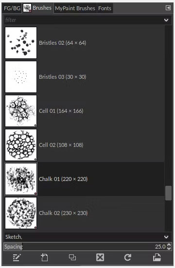 Hộp thoại Brushes của GIMP có thể được tùy chỉnh