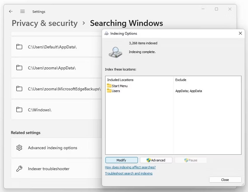 Sửa đổi tùy chọn lập chỉ mục tìm kiếm trong cài đặt Windows