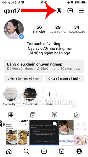 Lối tắt Threads trên Instagram